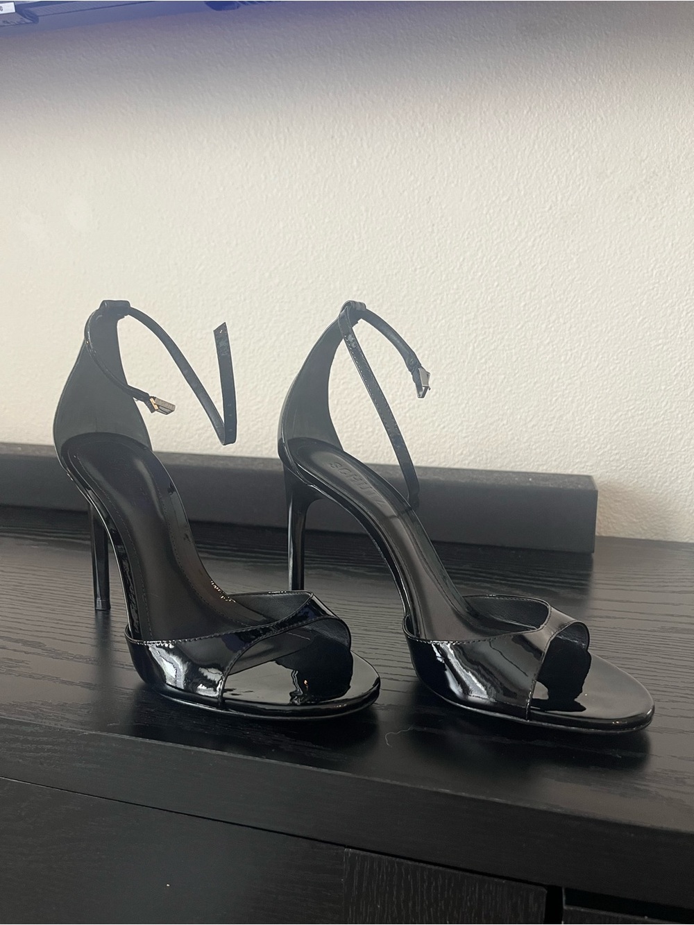 SCHUTZ Black Patent Open-Toe Ankle-Strap Stiletto Sandals